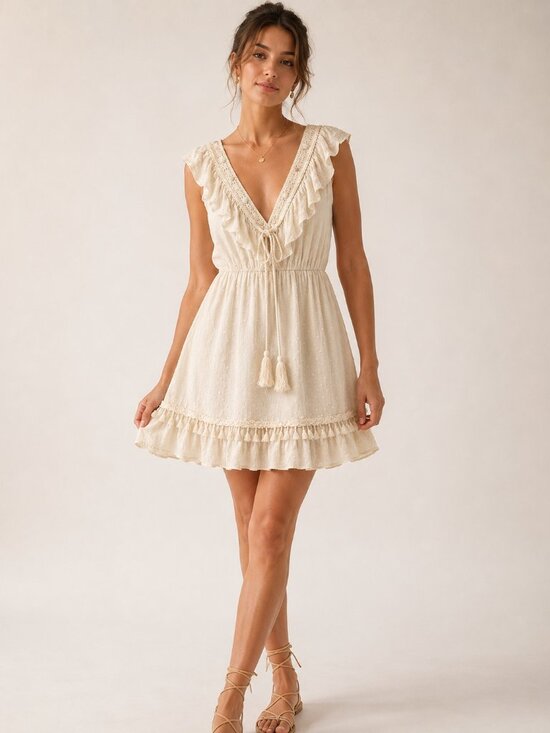 Azara Paris Dresses & Skirts - Azara Paris Cream Boho Ruffle Tassel Mini Dress S/M